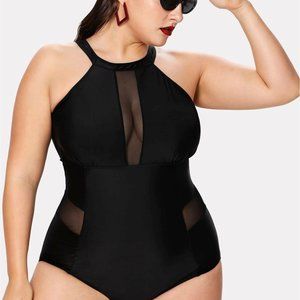 Plus Size Mesh Panel High Neck One Piece Swimsuit